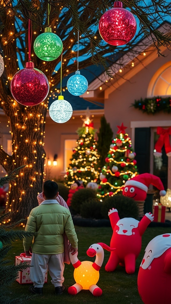 Outdoor Christmas decorations with gacha theme, including ornaments, inflatables, and lights.